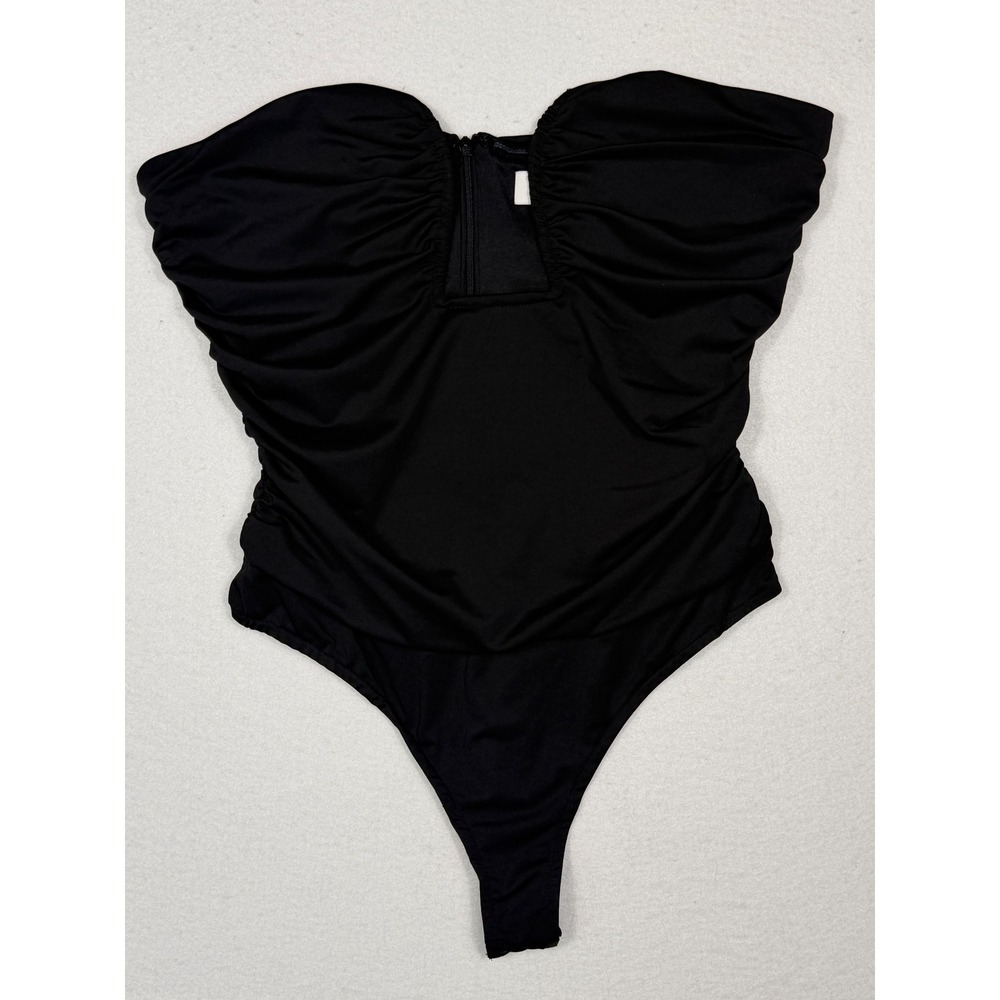 ACOA Bodysuit Womens Medium Black Strapless Ruched Front Zip Thong ACR20226